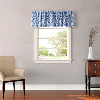 Image of Laura Ashley Home Cotton Pole Top Valance, Stylish &amp; Lightweight Window Treatment for Decor (Charlotte Blue, 86&quot; x 15&quot;)