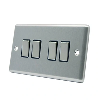 Image of AET CSC4GSWIBS Satin Chrome Classical Black Insert Metal Rocker Switches 10 Amp 4 Gang 2 Way Light Switch, 240 V