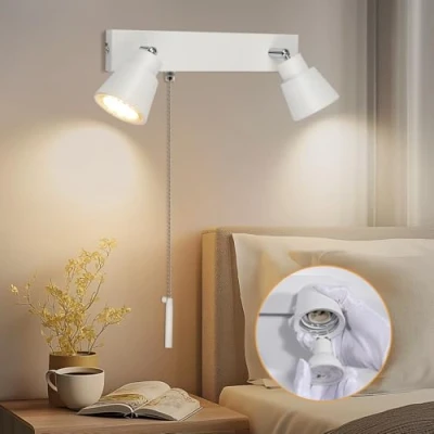 Image of TaFiCo 2 Way White Wall Lights with Pull Cord Switch GU10 Modern Light 350 Rotatable Indoor Sconce for Bedroom Bedside Living Room Kitchen Desk Bulb Not Included