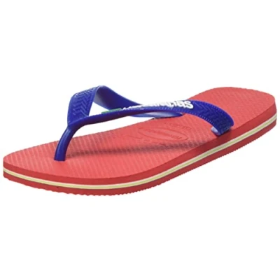 Image of Havaianas Unisex Brasil Logo Flip Flops, Ruby Red Red, 1/2 UK