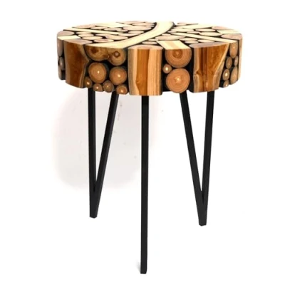 Image of Brillibrum Design Teak Wood Coffee Table Side Tripod Round Tree Discs Handmade Made of Small Telephone (55 x 45 cm (H Diamet))