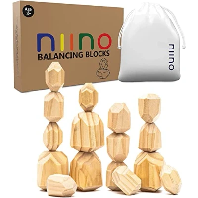 Image of Milah Niino 16 Pcs Wooden Blocks Stone Balancing Stacking Toys Stones Building Rocks Colorful Natural Rainbow Sensory Toy (Neutral)