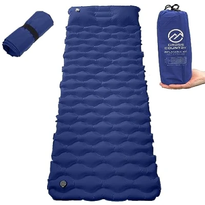 Image of CROSS COUNTRY Ultralight Inflatable Camping Mat Durable Sleeping Single Pad with Pillow Waterproof, Lightweight &amp; Compact Mattress for Backpacking, Hiking (Blue)