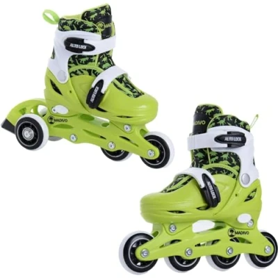Image of MADIVO Dino Children&#039;s 2 in 1 Adjustable Triskates Set ABEC 5 Roller Skates Inline Convertible to Green/Black Sizes: 26 29, 30 33 (XS (26 29))