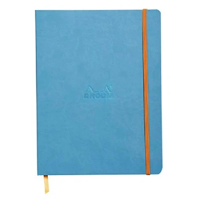 Image of RHODIA 117507C Turquoise Flexible Notebook 19x25 cm Lined 160 pages Clairefontaine Ivory Paper 90 g/m Bookmark, Elastic Closure Faux Leather Cover Rhodiarama Collection