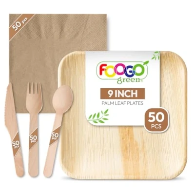 Image of FOOGO Green 250pcs Disposable Palm Leaf Plates, Wooden Cutlery Set and Brown Napkins, FSC® Certified, 50x Large Square Forks, Knives, Spoons, Eco Friendly