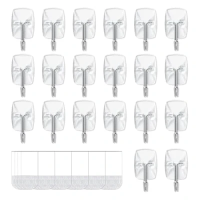 Image of JELLYSUB 20 Hooks, 24 Strips, Clear Small Wire Toggle Hooks Value Pack, Organize Damage Free Utility Hanging Heavy Duty with Adhesive No Tools Wall for
