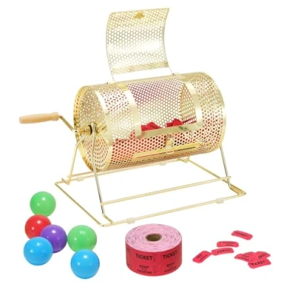 Image of VEVOR Raffle Drum, 11.6 x Ø7.48 inch Brass Plated Ticket Spinning Cage, Holds 2500 Tickets or 100 Ping Pong Balls, Metal Lottery Drawing with Wooden Turning Handle, for Bingo Ballot Pa