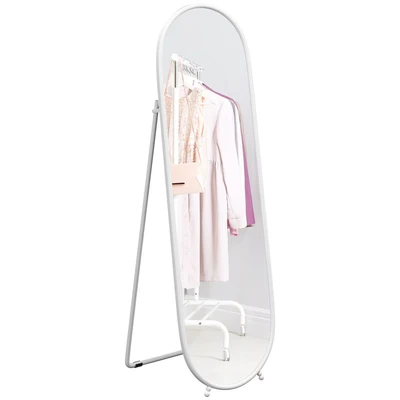 Image of HOMCOM 40 x 160cm Full Length Mirror, Floor Standing or Leaning Against Wall Tall Mirror with Support Frame, Oval Body for Bedroom, Living Room, White