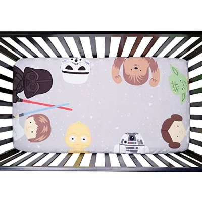 Image of Lambs &amp; Ivy Star Wars Galaxy Cotton Fitted Crib Sheet Yoda/Darth Vader/R2D2