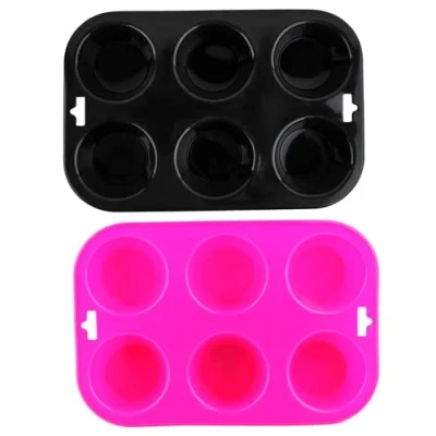 Image of Selecto Bake 6 Cup Silicone Bun/Muffin Mould Cupcake Yorkshire Pudding Non Stick Tray Baking Black, Pink Pack of 2