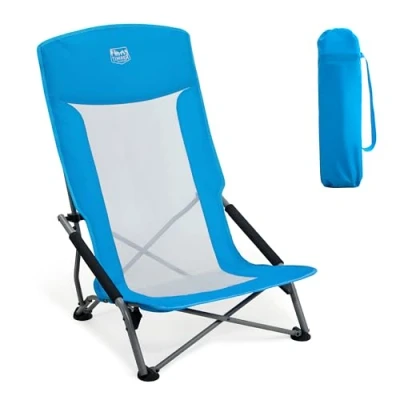 Image of TIMBER RIDGE Low Folding Beach Chair, Lightweight Camping Chair with Mesh High Backrest 150kg Capacity Carry Bag &amp; Padded Armrest for Garden Outdoor BBQ Travel Picnic, Blue