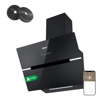 Image of CIARRA CBCB6736F WIFI APP Touch Control Angled Cooker Hood 60cm Black with CBCF003 Carbon Filters Chimney Vent LED Lights Ducting&amp;Recirculating Kitchen Extractor Fan