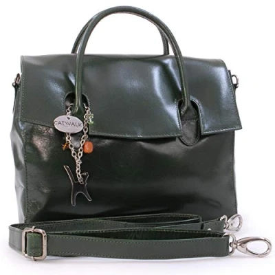Image of Catwalk Collection Handbags Women&#039;s Leather Crossbody Bag With Top Handle Medium A5 Work Tote Detachable Shoulder Strap ELLA Green
