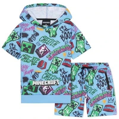Image of Minecraft Hoodie Shorts Tracksuit Set Boys 2 Pcs Creeper Teenagers Gamer Summer Short Sleeved Hooded Sweatshirt Zipped Pockets Sports Casual Activewear (9 10 Years, Blue)