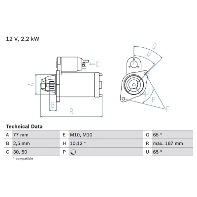 Image of 1810A053, M002T84071, M002T84071ZT, M002T87071, M002T87071ZT Starter motor BOSCH 0 986 022 720 12V 2,2kW 12, 10 50 rechts 77mm