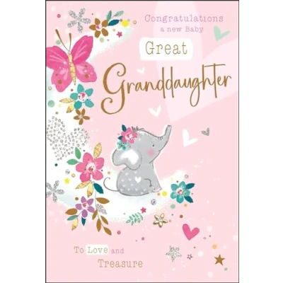 Image of New Baby Great Granddaughter Congratulations Card to Love and Treasure Elephant Flowers Special Finishes Illustrated Insert Leaf Made in the UK