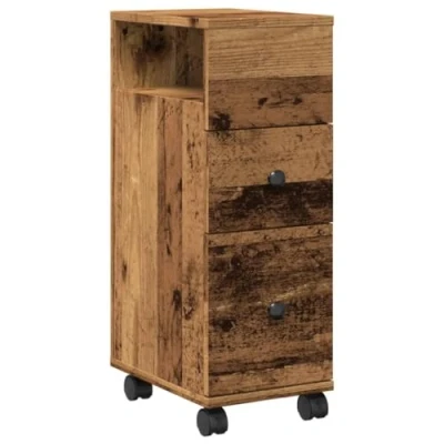Image of vidaXL Narrow Bathroom Cabinet with Wheels Old Wood, Engineered 23 x 33 65 cm Slim Storage Cupboard Drawers
