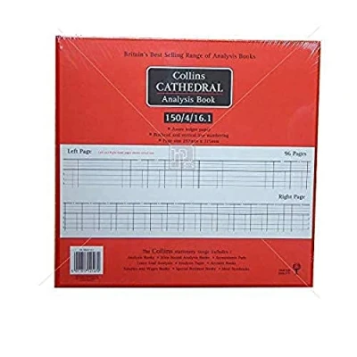 Image of Collins Debden Ltd 061438 150 Series 297 x 315 mm 96 Pages Cathedral Analysis Book 4 Debit and 16 Credit Columns, Red, Pack of 1