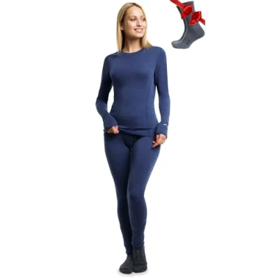 Image of Merino.tech Merino Wool Base Layer Womens Set Thermal Underwear Top and Bottom Lightweight, Midweight, Heavyweight (XX Large, 250 Windsor Blue)
