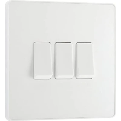 Image of BG Electrical Triple Wall Light Switch, 2 Way, Screwless Front Plate, Round Edges, Evolve, Pearlescent White, 20A, 16AX, PCDCL43W