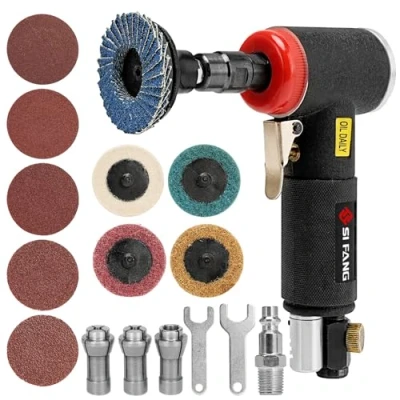 Image of SI FANG 16Pcs Right Angle Air Die Grinder Kit with 1/4&quot; 1/8&quot; Collets 2 Inch Quick Change Sanding Discs Accessories, Mini Pneumatic Polisher Sander Grinding, Polishing &amp; Deburring Tools (Black)