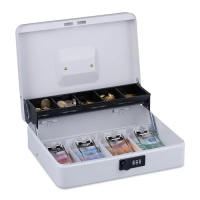 Image of Relaxdays Money Box with Combination Lock, 3 Digits, Compartments for Notes and Coins, Lockable, Iron, White, Art, 8,5 x 30,5 24,5 cm