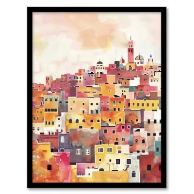 Image of Artery8 Morocco Skyline Colourful Watercolour Cityscape Living Room Artwork Framed Wall Art Print 18X24 Inch