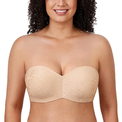 Image of Delimira Women&#039;s Strapless Bras for Bigger Bust Minimizer Plus Size Bandeau Underwire Unlined Jacquard Beige 40D