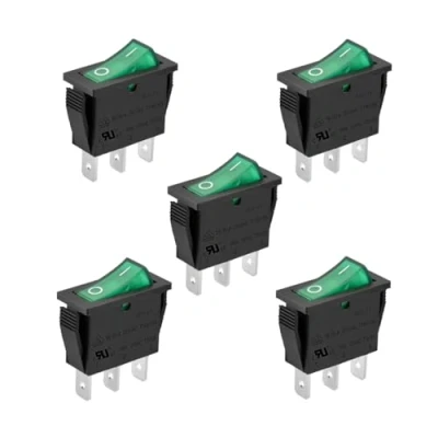 Image of Heschen Rocker Switch, ON OFF, SPST, 3 Terminals, Green Light, 16A 250VAC, 5Pack