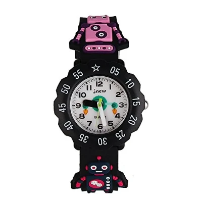 Image of ele ELEOPTION Children&#039;s Watch Waterproof 3D Cute Cartoon Design Round Dial Silicone Rubber Jelly Color Band Quartz Wristwatch for Little Xmas Girls Boy Kids Children (Robot, Black)