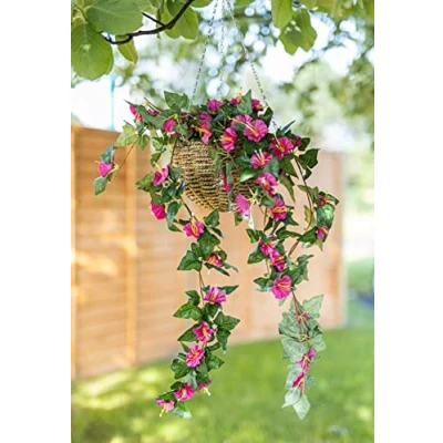 Image of Garden Mile Artificial Trailing Faux Floral Hanging Basket, Fake Purple Pink Flower and Leaf Foliage Colourful Waterproof Plant Pot Basket for Indoor, Outdoor, Patio, Decoration