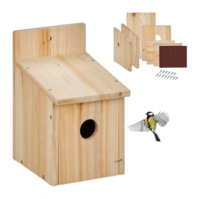 Image of Nesting Box Kit, for Birds, 35 mm Entrance, hwd: 23 x 14 18 cm, Bird House to Build Yourself, Wood, Natural Relaxdays