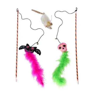 Image of DINGO Cat Toys Set: 2 Wands with Feathered Tailed Creepy Monsters and 1 Toy Angelo Mouse a Catnip, 3 Bells, Soft Attractive Textures for (Z30036)
