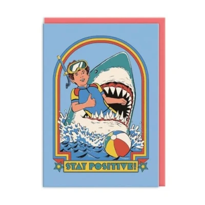 Image of Funny Birthday Card Stay Positive Shark Comic Style Retro Greeting