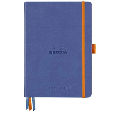 Image of RHODIA 118778C Bullet Journal Goalbook Sapphire Rigid Notebook A5 Dotted Dot 240 Pages 90g Ivory Clairefontaine Paper 3 Ribbons, Elastic Closure Faux Leather Cover