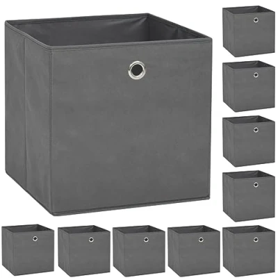 Image of vidaXL 10 piece Set of Durable Non woven Fabric Foldable Storage Boxes in Stylish Grey, Size 32x32x32cm, Ideal for Closet or Shelf Organization