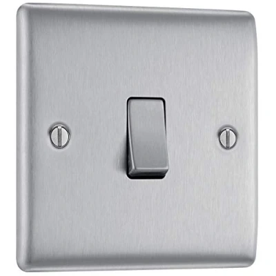Image of BG Electrical Single Wall Light Switch, 2 Way, Raised and Slim Profile, Round Edges, Nexus Metal, Brushed Steel, 20A, 16AX, NBS12
