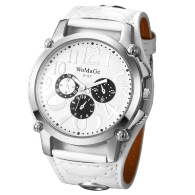 Image of JewelryWe Men&#039;s Steampunk Leather Watch: Easy to Read Large Big Dial White Wide Strap Analog Quartz Three Eye Decorative Biker Cuff Wrist Watch
