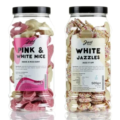 Image of Just Treats White Chocolate Snowies and Pink Mice Sweet Gift Jars of Double The Snowy Fun 31,26