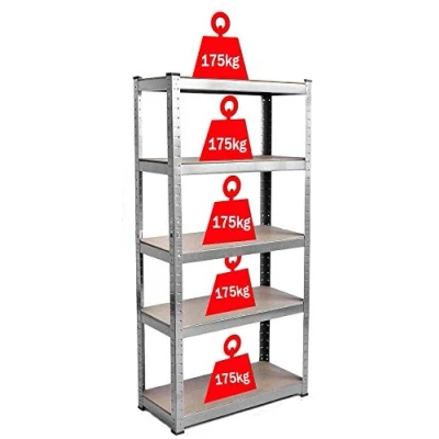 Image of Strong Industrial Steel &amp; MDF 5 Tier Galvanised Boltless Heavy Duty Garage Racking Shelving Unit/Racking 70cm x 30cm 150cm 875kg Capacity 175kg Per Shelf