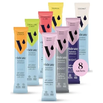Image of Electrolytes Powder Hydration Sachets Packed with Vitamins Zero Sugar Rehydration Sachet No Artificial Sweeteners &amp; Preservatives by ViDrate Mixed Berry Variety Pack, 8