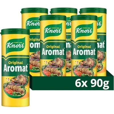 Image of Knorr Aromat All Purpose Savoury Seasoning free from artificial colours and preservatives flavour enhancer for vegetables, rice, pasta or salads 6x 90 g