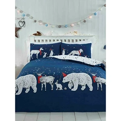 Image of Rapport Home Polar Bear and Friends Single Duvet Cover Christmas Reversible Bedding Set, Cotton, Navy