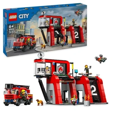 Image of LEGO City Fire Station with Engine Toy Playset for 6 Plus year Old Boys &amp; Girls a Dog Figure and 5 Minifigures, Birthday Gift Idea Kids Who Love Imaginative Play 60414
