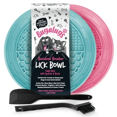 Image of Bugalugs Dog Mat Bowl Lick Mats For Dogs, 100% Food Grade Cat &amp; Licky Dogs Reduce Stress Anxiety, 2x Pet Bowl, Spatula Brush (Pink Blue)