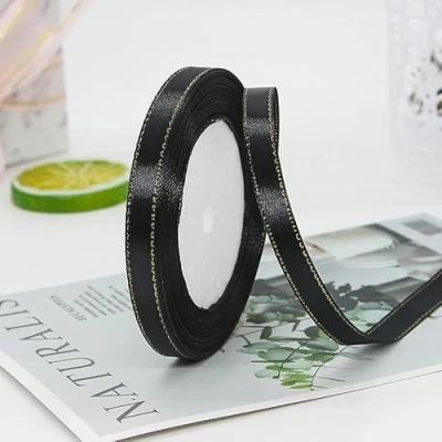 Image of Satin Ribbon with Gold Edge,Double Side 10mm x 100m, Use for Card Making,Crafts, Gift Wrapping, Wedding Decoration (Black)