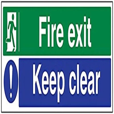 Image of V Safety 14012BP S Fire Exit/Keep Clear Sign, Landscape, Self Adhesive Vinyl, Blue, Green, 600 mm x 200
