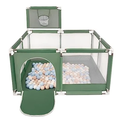 Image of Selonis Square Play Pen Filed with 200 Balls Basketball, Green:Pastel Beige/Pastel Blue/White