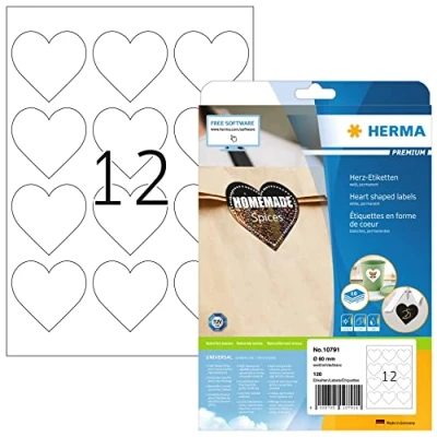 Image of HERMA Self Adhesive Heart Labels, 12 Labels per A4 Sheet, 10 Sheets, Ø 60 mm, 120 Blank Shaped Stickers, Sticky for Laser &amp; Inkjet Printer, White